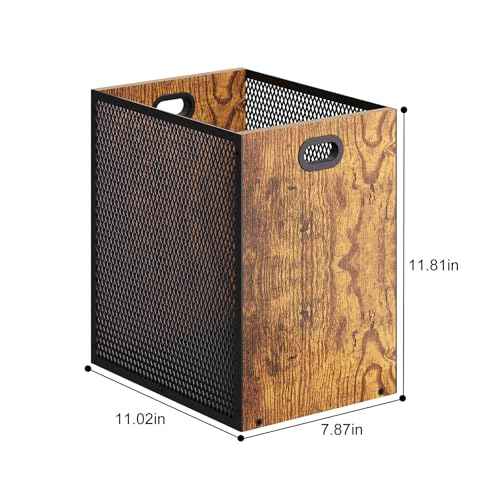 Retro Office Trash Can, Iron and Wood Combination Bedroom Garbage Can, Rectangular Design Wastebasket with Handle, Industrial Style Trash Can for Home Office, 11.02" X 7.87" X 11.81" 4.5 Gallon (2)