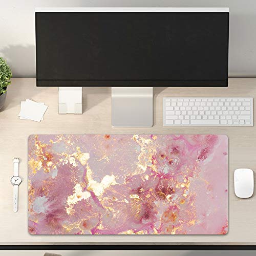 QiyI Rose Gold Marble Large PU Leather Mouse Pad 31.5" x 15.7" Office Decor
