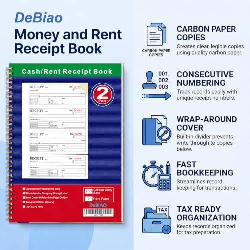 DeBiao Receipt Book with Carbon Copies, 2-Part 200 Sets, 4 Receipts/Page, Spiral Bound Rent & Small Business
