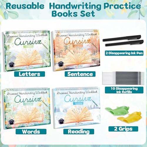 gisgfim 4 Pack Grooved Cursive Handwriting Workbook Kit Magic Reusable Grooved Handwriting Practice with Disappearing Ink Pens Cursive Kickoff Student Workbook for Kids Words Letters Sentences Reading