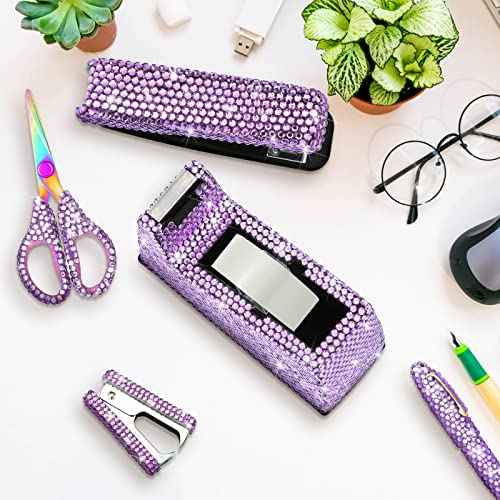 Yunlly 6 Pack Bling Office Stationery Set Desk Accessory Office Set Includes Pen Scissor Stapler Staple Remover 1000 Pcs Staples Tape Dispenser with Diamond Inlay for Home Desk(Purple)