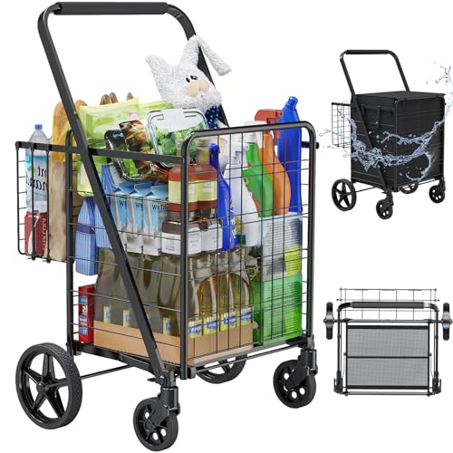 Folding Shopping Cart with Waterproof Bag, Grocery Cart with Encrypted Mesh Bottom, 23 Gal Double Basket & 360¡Æ Swivel Wheels, 260 Lbs Heavy Duty Shopping Carts for Groceries, Laundry