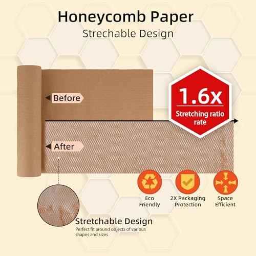 Honeycomb Packing Paper 15"x400' Roll with Fragile & Labeling Stickers, Gloves - Bubble Wrap for Moving,Products & Gifts Wrapping Paper, Recyclable & Biodegradable Cushioning Packing Material