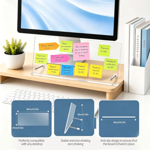 Yaozyety 14x5.5 Inch Transparent Monitor Memo Board Sticky Note Holder for Desktop Office