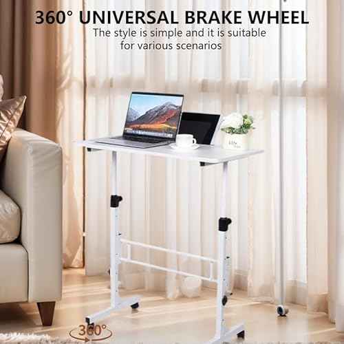 Portable Standing Desk, Adjustable Height 27.5"-43.3", Small Rolling Desk with Lockable Wheels, Foldable Computer Desk for Home Office, Space-Saving Laptop Table, White