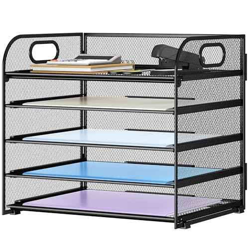 Paper Organizer Letter Tray with Handle Mesh 5 Trays Desk File Organizer Paper Sorter Desk Organizer for Office, Home or School-Black 2 Pack