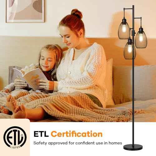 Dimmable Floor Lamp, 3 x 800LM LED Edison Bulbs Included, Farmhouse Industrial Floor Lamp Standing Tree Lamp with Elegant Teardrop Cage Tall Lamps for Living Room Bedroom Office Dining Room-Black