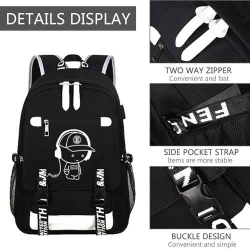 Luminous Pattern Travel Laptop Backpack - Adjustable Shoulder Strap Waterproof Black Backpack With Usb Charging Port & Headphone Port School Backpack Includes Pencil Bag,combination Lock