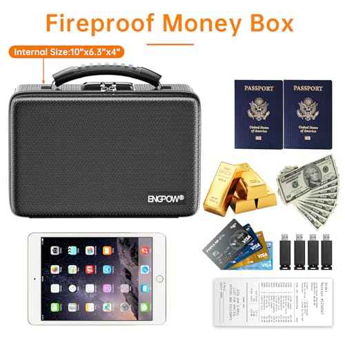 ENGPOW Fireproof Money Box, Small Hard Case Fireproof Box with Fireproof Zipper £¦ Lock, 6400¡ÆF Heat Insulated Fireproof Water Resistant Safe Box for Cash, A5 Document, Passport and More, Black