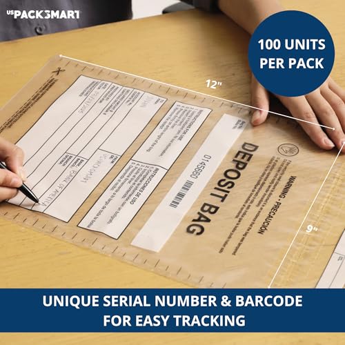US PACK SMART 9x12 Clear Plastic Deposit Bags - Tamper-Evident, Self-Sealing, 100-Pack