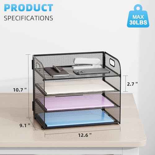 Marbrasse 2 Pack 4 Tier Paper Organizer Letter Tray - Mesh Desk File Organizer with Handle, Paper Sorter Organizer for Letter/A4 Office File Folder Holder (Black, 12.6" x 9.1" x 10.7")
