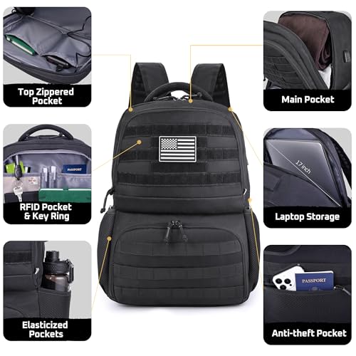 MOZETO Laptop Lunch Backpack for Men, Tactical Inspired Utility Anti-Theft Work Bag with Cooler Compartment Lunchbox (Black, 17 Inch)
