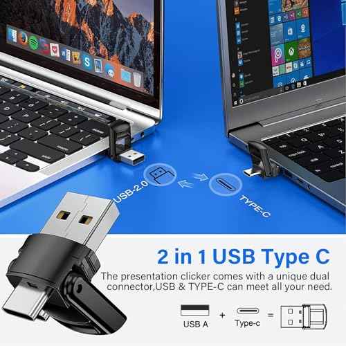 Presentation Clicker Wireless Presenter Remote Clicker, 2-in-1 USB C USB A Clicker for PowerPoint Presentations, Rechargeable Presentation Clicker with Green Light Pointer, Clicker for Class, Meeting