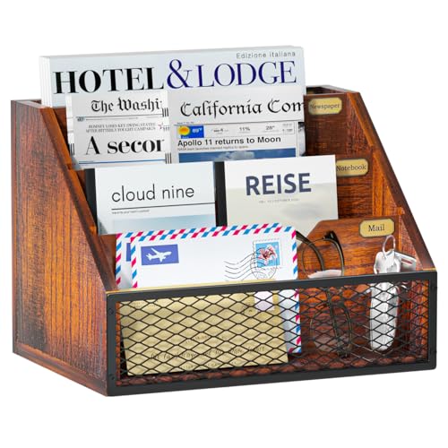 Yelinkws Brown Wooden 4-Slot Mail Organizer for Desktop & Wall