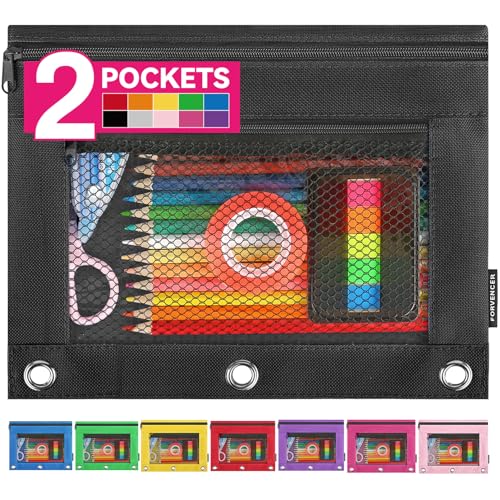 Forvencer Black Zipper Pencil Pouch for 3 Ring Binder, 2 Pockets