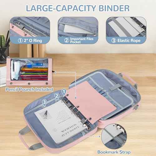 Yarwo 3 Ring Zipper Binder with Binder Pouch, Expanding File Organizer with Padded Sleeve Fit for 14 Inch Laptop, Portable Document Organizer Bag for Home, College, Office Supplies, Pink