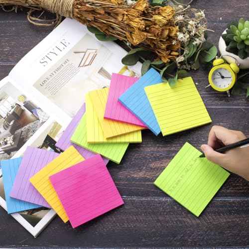 (12 Pads) Lined Sticky Notes 4x4 in, 6 Bright Colors Self-Stick Note Pads, Strong Adhesive, 47 Sheets/Pad