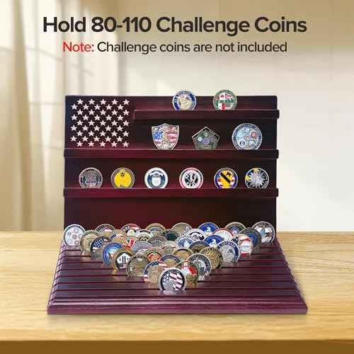 Challenge Coin Display Stand, 13-Row Solid Wood Military Coin Holder with Sloped Base, Holds 80-110 Coins, Coin Holders for Collectors