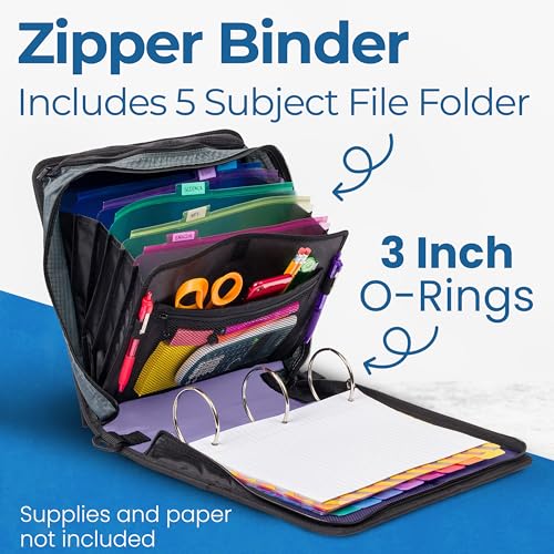 Case-it Mighty Zip Tab School Zipper Binder | 3-Inch O-Rings, 600-Sheet Capacity, 5-Subject Expanding File Folder, Multiple Pockets & Storage Organizer, Shoulder Strap | D-146 Lavender