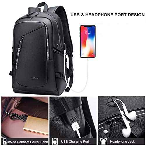 DYJ Vegan Leather Laptop Backpack for Women&Men, PU Vintage Travel Daypacks with USB Charging Port 17 Inch Laptop