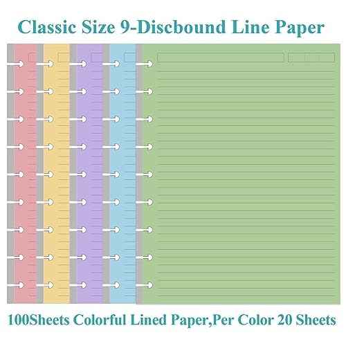 9-Disc Discbound 5 Colorful Line Paper Pre-punched Happy Planners Inserts, 100Sheets/200Pages Classic Size Line Loose-Leaf Paper, Per Color 20 Sheets, 7" x 9.25"