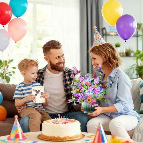 Birthday Cards, Light and Music Happy Birthday Card, Hummingbird Oasis, 10 Inch Life Sized Forever Flower Bouquet, 3D Pop Up Birthday Gift Card for Women Wife Mom Daughter Sister (Blank Notecard & Envelope)