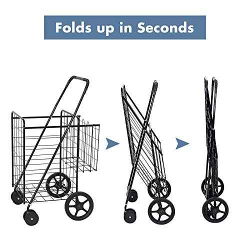 BETTARY Jumbo Folding Shopping Cart, Metal Grocery Cart on Wheels with Double Basket, Heavy Duty Utility Cart with 360¡Æ Swivel Wheels for Grocery, Laundry, Book, Luggage, Travel, Black