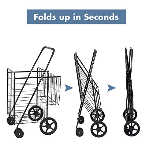 Hysache Folding Shopping Cart with Swiveling Front Wheels, Rolling Trolley with Plastic Handrail, Heavy Duty & Light Weight, Versatile Use, Space-Saving, Ideal for Shopping and Carrying (Black)
