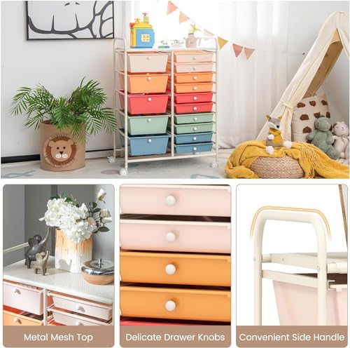 LDAILY Macaron 15-Drawer Rolling Storage Cart with Lockable Wheels for Home & Office