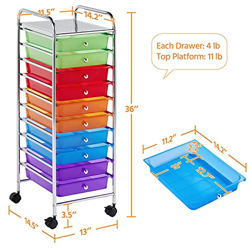 Yaheetech 10-Drawer Rolling Storage Cart Multicolor - Slim Organizer with Lockable Wheels