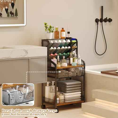 6-Tier Rolling Bathroom Storage Cart with Mesh Drawer, Metal Utility Cart with Lockable Wheels for Towels, Toiletries, and Cleaning Supplies, Organization Cart for Bathroom, Kitchen, Laundry