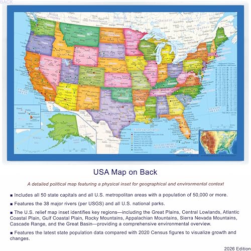 2-Sided Desk Map with Durable Lamination - US & US Centered World Map, 17.5 x 11.5 inches - NewSpaceView (Variation: US Map / US Centered World Map)