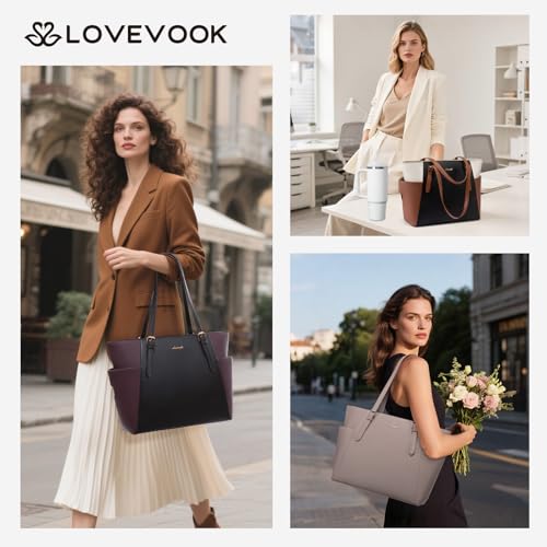 LOVEVOOK Laptop Tote Bag for Women With Large Cup Holder, Leather Work Tote Bag for Women,15.6 Inch Professional Computer Briefcase Business Teacher Commuter Shoulder Bag,Office Travel Gift