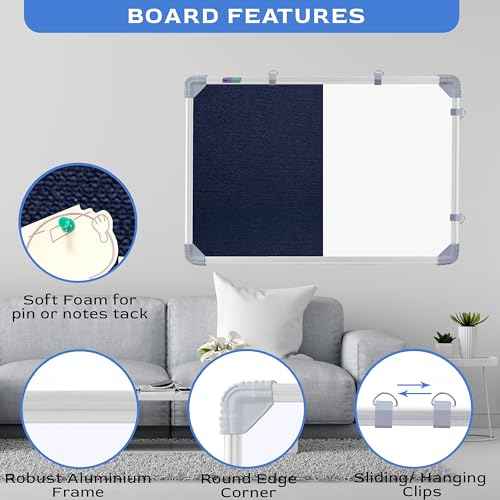 Combination Board 2x3 Feet (Magnetic White Board with Blue Pin-up Notice Board) with Push Pins for Home, Office & School, Heavy-Duty Aluminium Frame (White, Blue) (89x59 cm)