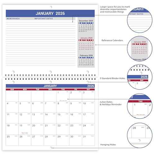 2026 Calendar - 2026 Wall Calendar, Jan. 2026 - Dec. 2026, 8.5" x 11", Memoranda Lined Pages with Thick Paper, Twin-Wire Binding, Holidays, Julian Dates