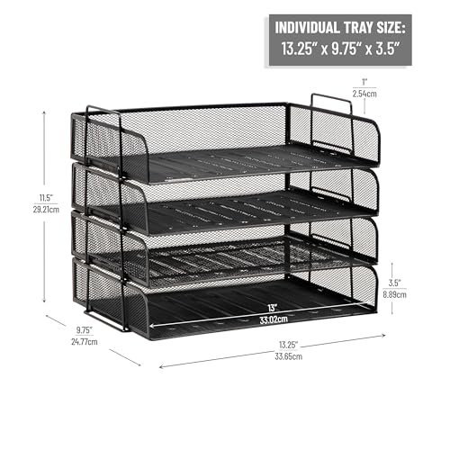Mind Reader Black Metal Mesh 4-Piece Stackable Desktop Organizer Tray Set 13.3" x 9.8" x 11.3"