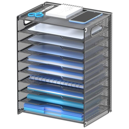 OUTWOLF 10-Tier Mesh Paper Organizer Letter Tray with Handles, Black - 1 Pack