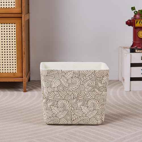 Rustic White Tropical Leaves Carved Small Bathroom Trash Can 2.5 Gallon(9 Liter), Resin Heavy Sturdy Kitchen Garbage Can,Living Room Bedroom Trash Can, Decorative Wastebasket for Home, Garden, Office