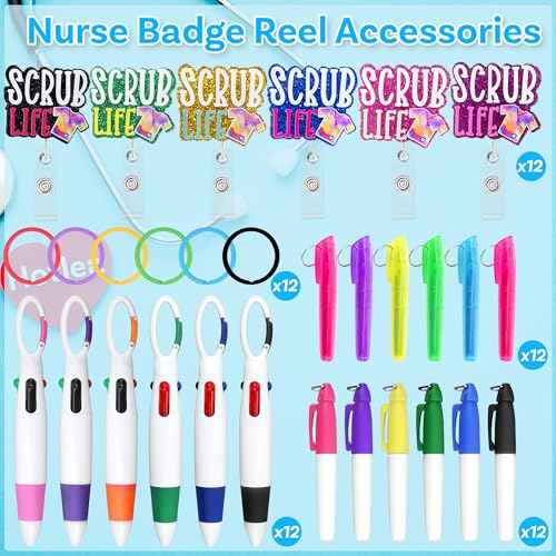 72 PCS Funny Badge Reel with Pen Set Healthcare CNA RN LPN Nurse Badge Accessories for Work Including Retractable Badge Reel, Mini Highlighter, Permanent Marker, Ballpoint Pen