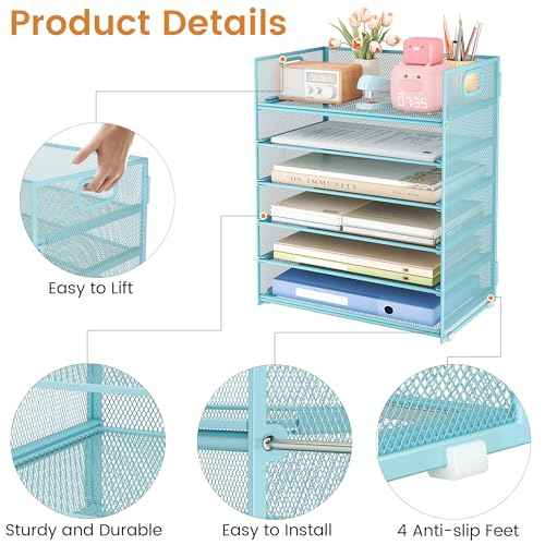 Subekyu 6-Tier Desk Paper Organizer, Desktop File Letter Tray with Handle, Document Sorter and Accessories Holder for Office, Home and School Workspace Organizers, Blue-2 Pack