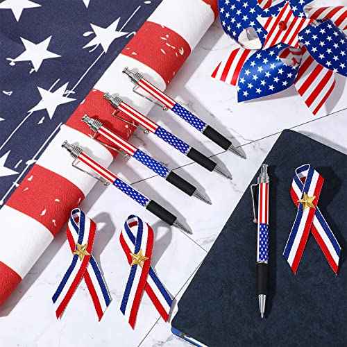 200 Pcs Veterans Day American Flag Ballpoint Pen and Patriotic Ribbon Pins with Star Set 1.0 mm Black Ink Gel 4th of July Ink Pen for Veterans Day Memorial Independence Party Supplies
