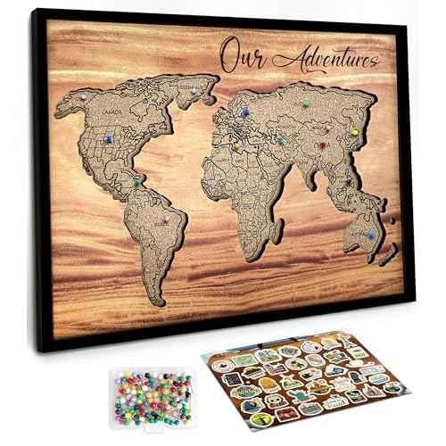 flinelife Cork Board World Travel Map with Pins,16x12, Large Size, World Map Pin Board, Perfect for Couples and Families Gift