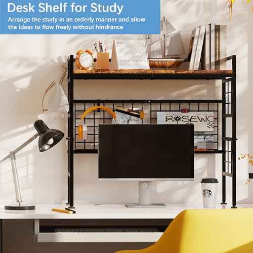GIOTORENT 2-Tier Metal Desk Hutch with Grid Panel, 32.9" Wide Desk Shelf for Top of Desk, Industrial Style Countertop Storage Rack & Desktop Bookshelf for Office & Dorm, Rustic Brown