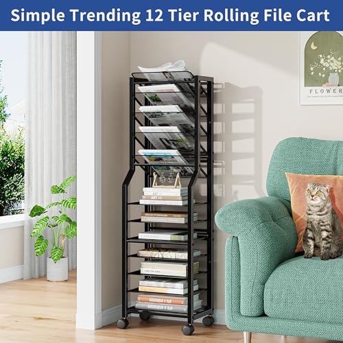 Simple Trending 12-Tier Mobile File Cart with Lock - Black