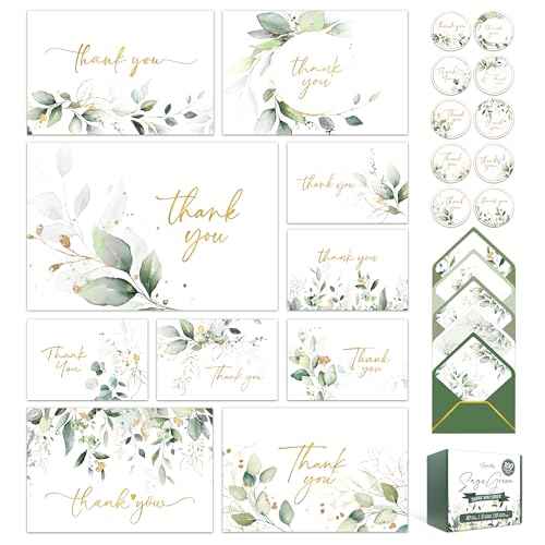 Decorably 100 Pack Gold-Foiled 6x4in Sage Green Thank You Cards with Envelopes, 10 Elegant Designs Folded Greenery Thank You Cards with Envelopes, Blank Inside - Wedding, Bridal Shower, Baby Shower