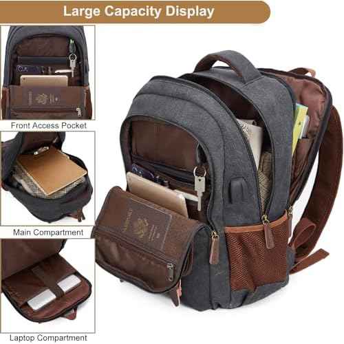 Canvas Travel Laptop Backpack for Men Women, business Work Rucksack College School Computer Bag Fits 15.6 Inch Laptop, Bookbag with USB Charging Port £¨Black£©