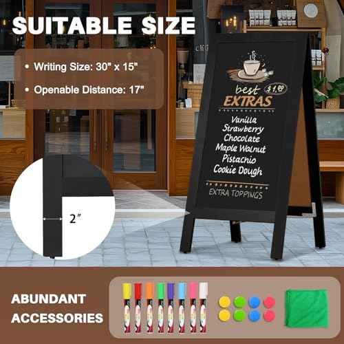 4 THOUGHT A-Frame Double-Sided Magnetic Chalkboard 40"x20", Solid Pine Wood Freestanding Sandwich Board for Restaurants, Cafes, Weddings (Black)