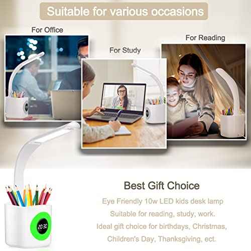 YOUKOYI LED Desk Lamp with Clock, Kids Desk Lamp, 10W Dimmable Study Lamp with Pen Holder, 4 Lighting Modes&5 Brightness Level with Color Changing Nightlight, Desk Lamps for Home Office, Gift for Kids