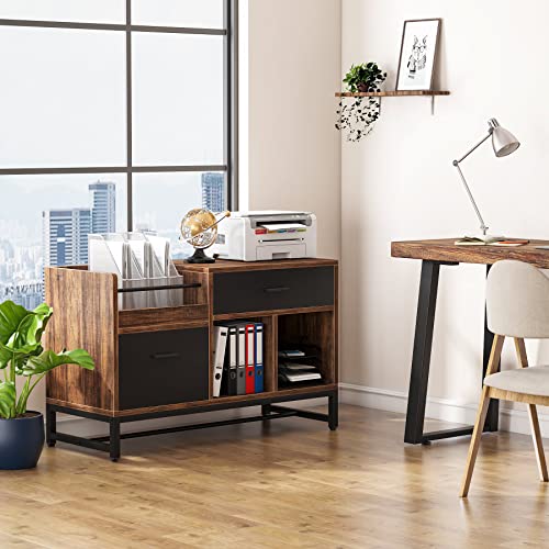 LITTLE TREE 39-Inch File Cabinet with 2 Drawers, Small Lateral Filing Cabinet Under Desk Storage, Wood Printer Stand with Open Storage Shelves for Home Office Organization