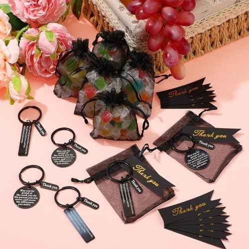 Yinkin 300 Pcs Christmas Employee Appreciation Gift Thank You Keychain Bulk Gifts for Coworker 100 Inspirational Staff Appreciation Keychain 100 Organza Bags 100 Cards for Teacher Nurse Team(Black)